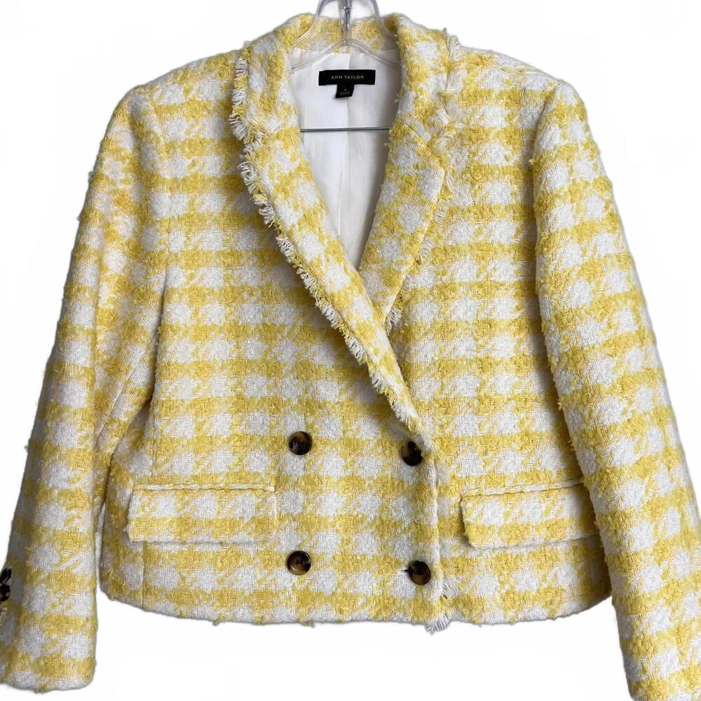 Ann Taylor Tweed Cropped Jacket Womens 10 Yellow Houndstooth Fringe Blazer